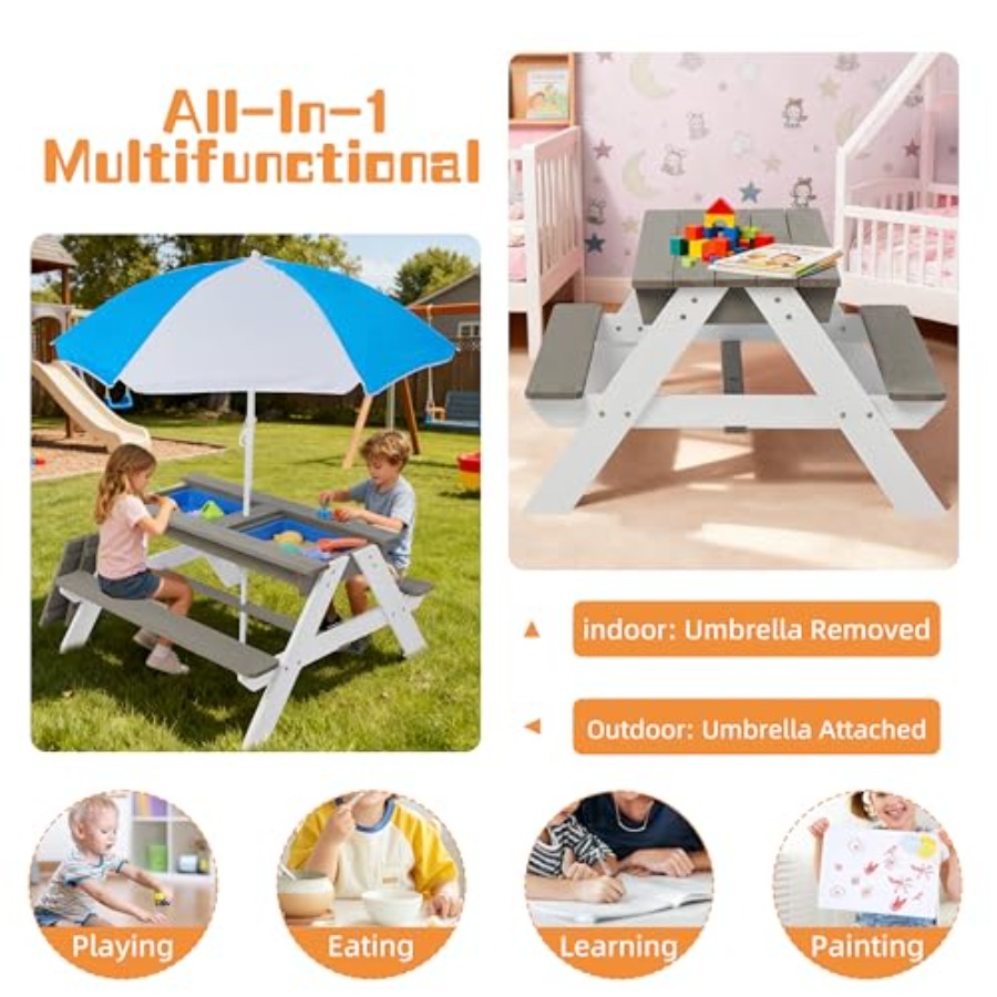 屋外裏庭パティオ用子供向けピクニックテーブル：3-in-1木 - Kids Outdoor Umbrella For Table のレビューと価格